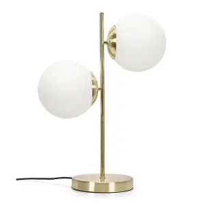 ValueLights Jas 2 Light Gold Metal Stem Bedside Table Lamp with White Frosted Glass Shades - Bulbs Included