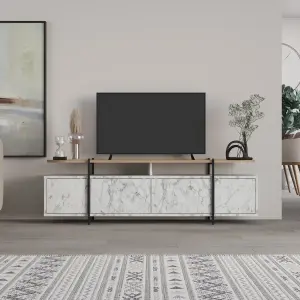 Decortie Hanley Modern TV Unit Multimedia Centre White Marble Effect Oak with Storage TV Cabinet 160cm