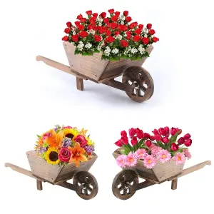 GARDEN MODERN WOODEN WHEEL BARROW PLANTER BURNT WOOD FLOWER CART ORNAMENTAL POT