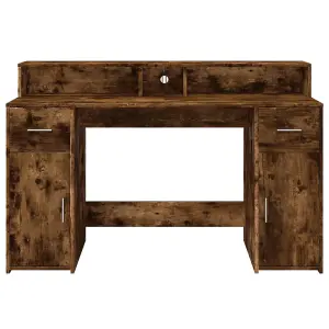 Berkfield Desk with LED Lights Smoked Oak 140x55x91 cm Engineered Wood