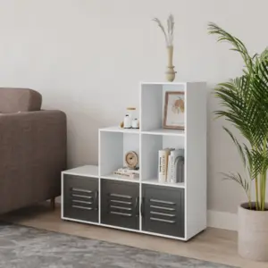 URBNLIVING 90cm Height White 6 Cube Step Shelving Unit With Black Metal Doors