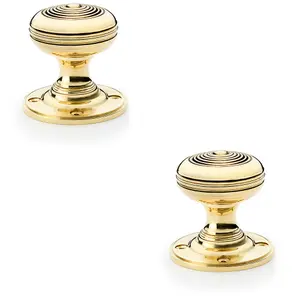 2 PACK - SOLID BRASS Classic Ringed Mortice Door Knob - Polished Brass 50mm Diameter