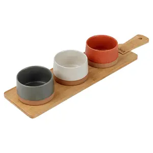 URBNLIVING 4 Pc Stoneware Serving Condiment Sets Snack Dishes Bamboo Paddle Platter