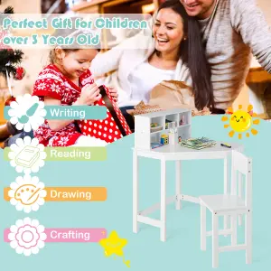 COSTWAY Kids Corner Desk & Chair Set Children Study Table Set with Hutch