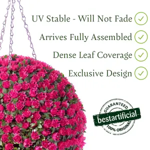 Best Artificial  38cm Pink Rose Hanging Basket Flower Topiary Ball - Suitable for Outdoor Use - Weather & Fade Resistant