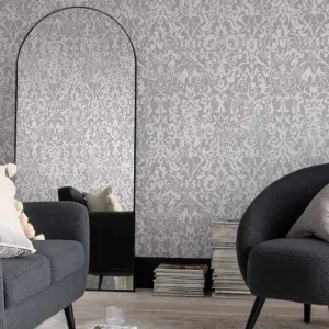 Next Majestic damask Grey Metallic effect Smooth Wallpaper