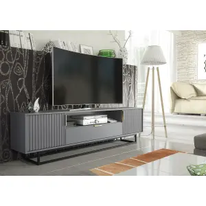 TV Unit 200cm Loft Retro Milled Fronts TV Stand Vintage Cabinet Grey