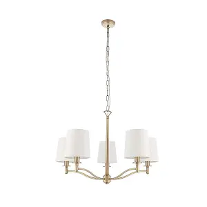 Luminosa Ortona 5 Light Multi Arm Pendant Matt Antique Brass, Vintage White Faux Silk, E14