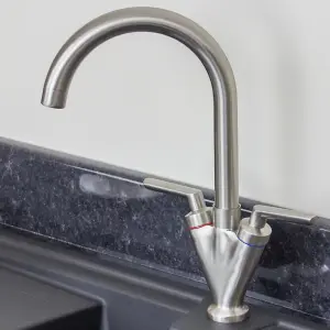 Astini Saturn Brushed Steel Twin Handle Swivel Spout Kitchen Sink Mixer Tap