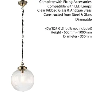 Hanging Ceiling Pendant Light BRASS & RIBBED GLASS Large Round Lamp Shade Holder