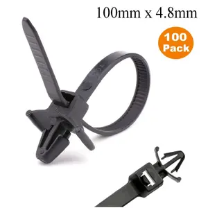 100 x Black Push Mount Winged Cable Ties 100mm x 4.8mm Car Chassis Fixing Base