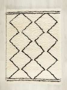 Cream Black Shaggy Rug, Geometric Rug, Moroccan Wool Rug, Modern Rug for Living Room, & Dining Room-160cm X 230cm