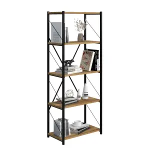 Setup Bookcase Free Standing Storage Shelf with Metal Frame, 60 x 32 x 150 cm 4 Tier Display Shelves, Bookshelf, Pine