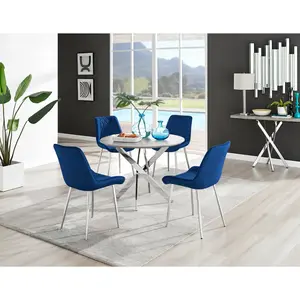 Tierra Modern Chrome Metal & Glass Round Dining Table Set with 4 Luxury Velvet Dining Chairs Silver / Navy/Silver / 75 x 100 x 100cm