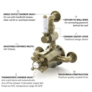 ENKI Downton Antique Brass Traditional Brass Thermostatic Twin Shower Valve with Return to Wall Bend T107