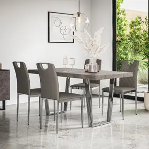 Aria Dining Table And Chairs - Concrete Effect Table Top w Chrome Legs + 4 Monza Faux Leather Dining Chairs w Chrome Legs (Grey)