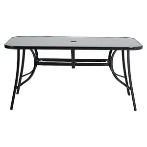 Black Rectangular Metallic and Tempered Glass Garden Dinging Table with Parasol Hole Outdoor 150 cm