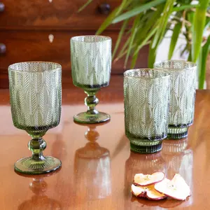 Set of 4 Vintage Luxury Green Embossed Wine Glass Goblets & Trailing Leaf Drinking Tall Tumbler Glasses 350ml