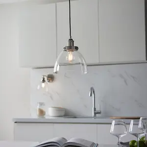 Bright Nickel Ceiling Pendant Light & Clear Glass Shade - Knurled Detailling