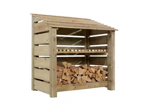 Slatted wooden log store with kindling shelf W-119cm, H-126cm, D-88cm - natural (light green) finish