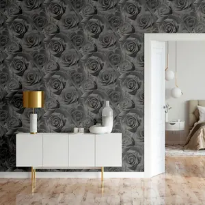 Black Grey Rose Floral Bloom Flowers Gold Glitter Shimmer Feature Wallpaper