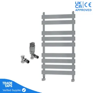 Designer Marvella Chrome Flat Panel Towel Radiator Heated Ladder Rail - 950 x 500mm - Angled TRV Valve Pair