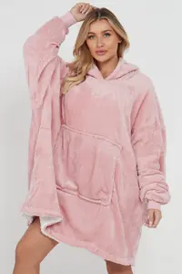 Oversized Wearable Blanket Hoodie Teddy Fleece Fluffy Sherpa Hooded Sweatshirt Blanket with Pocket for Men & Women (Blush Pink)