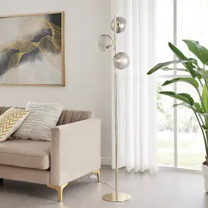 Furniturebox UK Lazio Tree Floor Lamp with 3 Smoked Glass Globes and a Brass Base