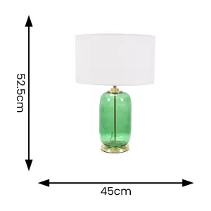 ValueLights Leigh Forest Green Glass and Gold Detail Table Lamp with White Drum Shade Light - LED Bulb Included