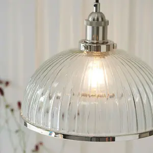 Hanging Ceiling Pendant Light Nickel & RIBBED GLASS Dome Bowl Lamp Shade Holder