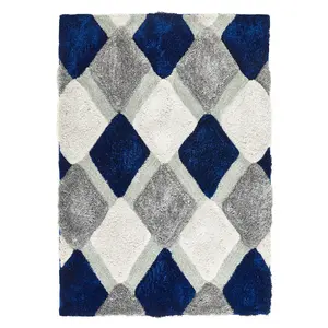 Shaggy Navy Rug, Geometric Optical (3D) Rug, Sparkle Rug, Handmade Modern Rug for Bedroom, & Dining Room-160cm X 230cm