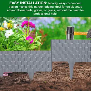 Flexible Grey Rattan Effect Lawn Edging 2.4m - Flexible Plastic Garden Border Easy Install Edging for Grass, Gravel and Landscape