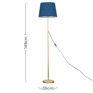 ValueLights Standard Floor Lamp In Gold Metal Finish With Navy Blue Tapered Shade - Complete With 6w LED GLS Bulb In Warm White