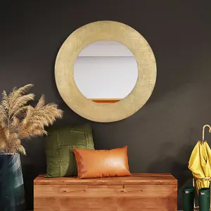 Green Decore Terra Antique Decorative Wall Mirror, For Living Room, Hallway, Vanity & Bedroom, Metal Frame, Brass, 74cm Round