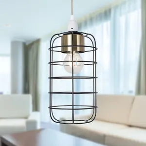 First Choice Lighting Cage Black and Antique Brass Industrial Style Easy Fit Pendant Shade