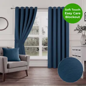 Home Curtains Woven Blockout 65w x 72d" (165x183cm) Navy Blue Eyelet Curtains (PAIR)