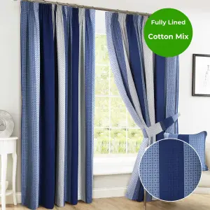 Home Curtains Seville Printed Stripe Lined 90w x 84d" (229x213cm) Blue Pencil Pleat Curtains (PAIR) With Tiebacks Included