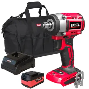 Excel 18V Cordless Brushless 1/2'' Impact Wrench with 1 x 4.0Ah Battery Charger & Bag