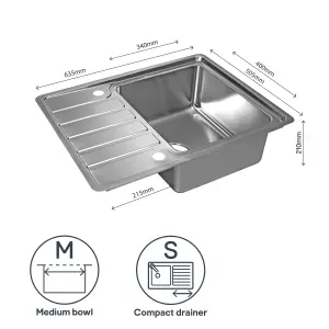 GoodHome Quassia Brushed Stainless steel 1 Bowl Kitchen sink With compact drainer 505mm x 635mm