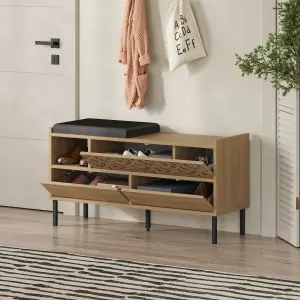 Decortie Heaton Shoe Bench Oak w/ Fabric Cushion Seat 3-door Storage Cabinet 111(W)x37(D)x56.5(H)cm Metal Legs Hallway