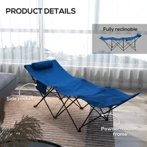 Outsunny Foldable Sun Lounger w/ Side Pocket, Oxford Headrest Sun Lounger, Blue