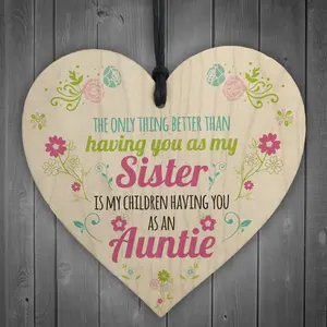 Red Ocean SISTER Children Having You As Auntie Gift Wooden Hanging Heart Aunt Sign Wedding Present