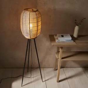 Luminosa Zaire Complete Floor Lamp, Natural Linen, Natural Bamboo, Matt Black