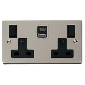 Pearl Nickel 2 Gang 13A Type A & C USB Twin Double Switched Plug Socket - Black Trim - SE Home