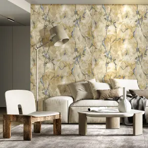 Galerie Stratum Collection Metallic Blue/Gold Marmo Marble Effect Double Width Wallpaper Roll