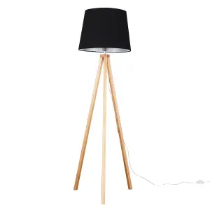 ValueLights Barbro Modern Light Wood Tripod Design Floor Lamp with Black Tapered Shade - Includes 6w LED GLS Bulb 3000K Warm White