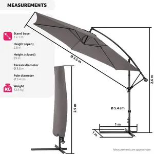 Parasol Ciccio - 350 cm, cantilever garden shade, adjustable tilt angle, with protective cover - grey