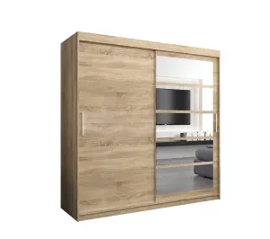 Stylish Oak Sonoma Roma I Sliding Door Wardrobe W2000mm H2000mm D620mm Mirrored Vertical Handles Elegant Storage Solution