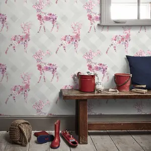 Dove Floral Stag Wallpaper Pink Multicolour Geometric Pattern Paste The Wall