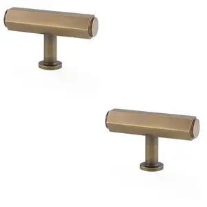 2 PACK - Industrial Hex T Bar Cabinet Door Knob - 55mm x 38mm - Antique Brass Pull Handle